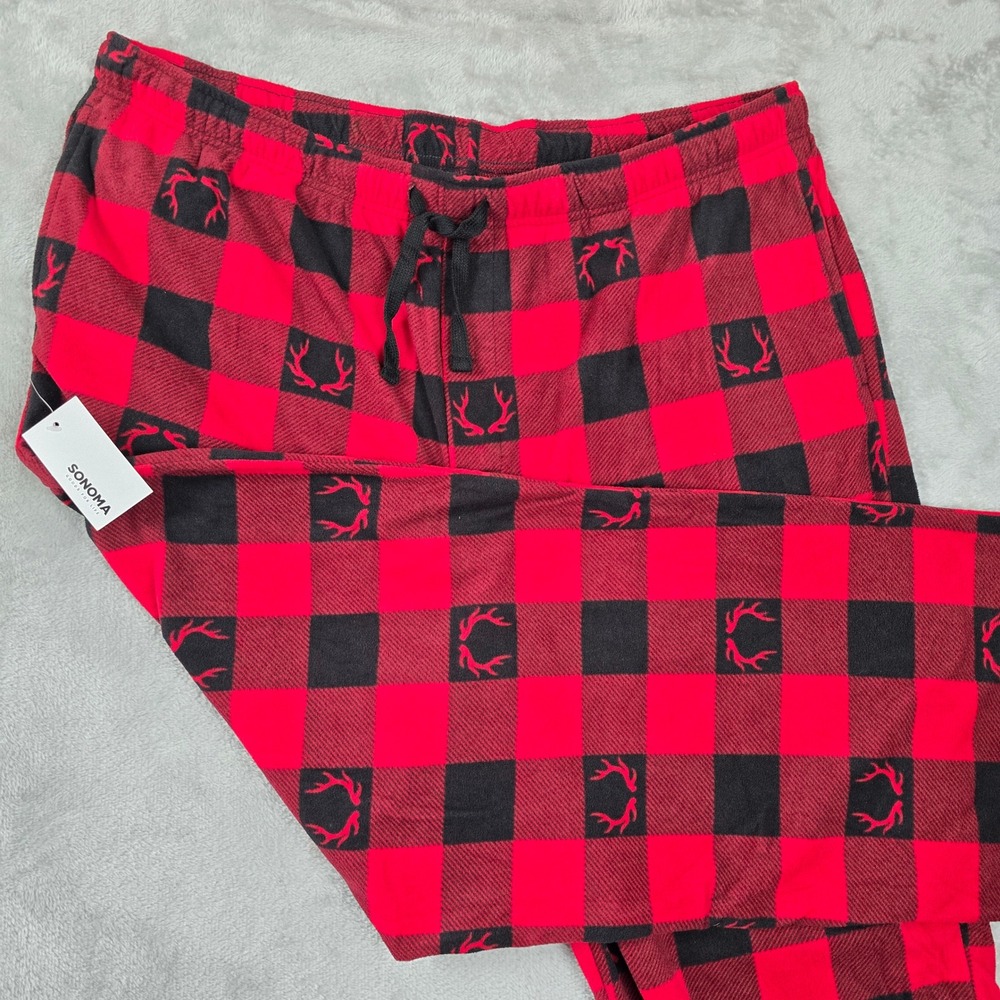 Sonoma Mens 2XLT Red Black Buffalo Plaid Fleece Pajama Pants Antler Print NEW